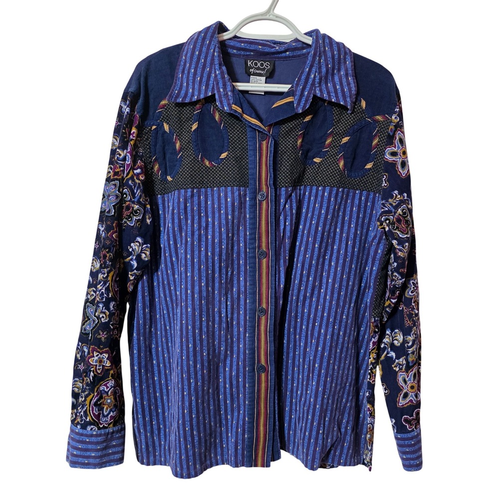 Koos of Course Women L Button Down Shirt Blue Patchwork Corduroy Art to Wear